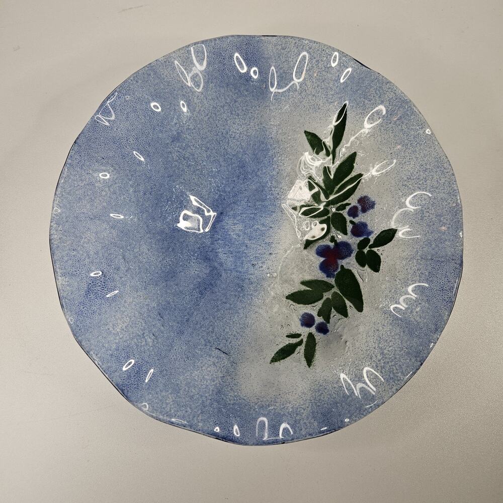 VINTAGE Hand Made Flower Pattern Fused Glass Textured Bowl Dish Ruffled Edge - Picture 2 of 8